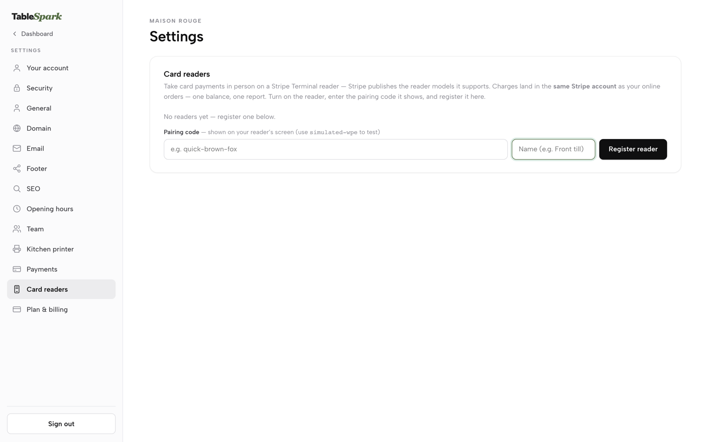The Card readers panel with the Dashboard link at the top left of the Settings menu