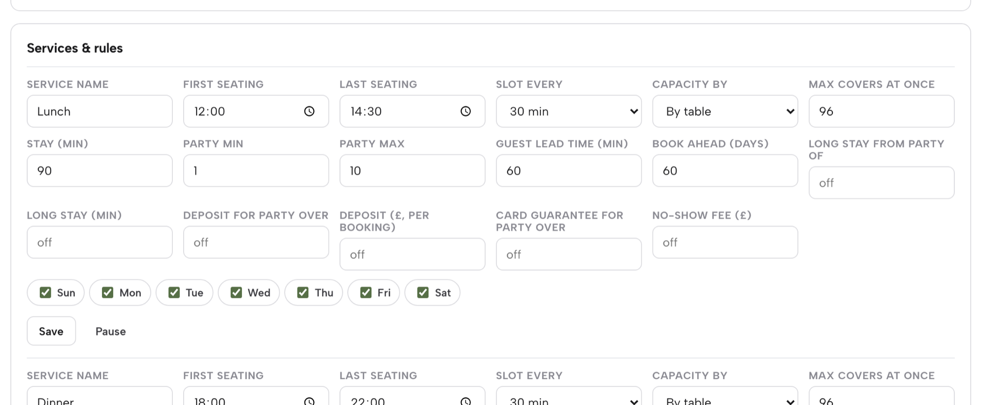 The Bookings page's Services & rules panel for the Lunch service, with the Deposit for party over, Deposit (£, per booking), Card guarantee for party over and No-show fee (£) fields