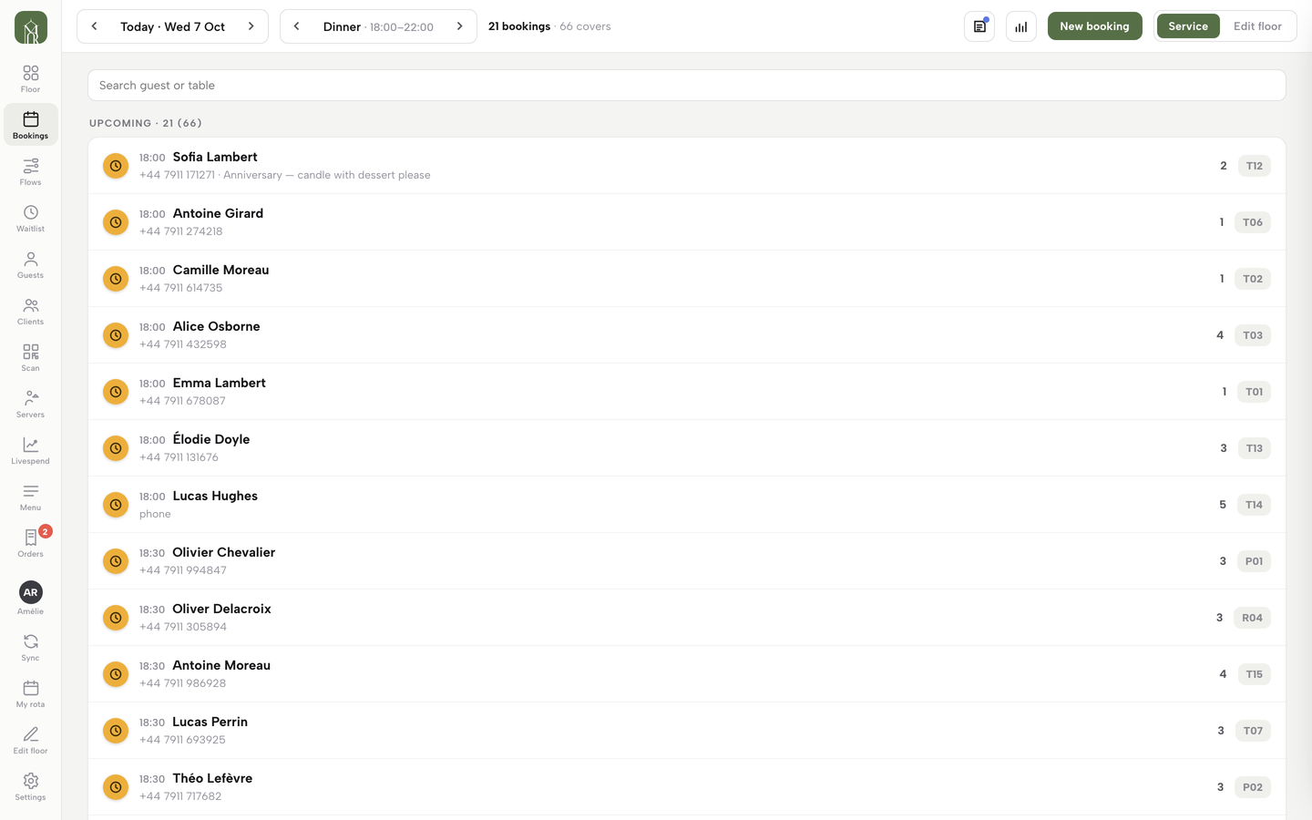 The Bookings list in Service with tonight&rsquo;s reservations