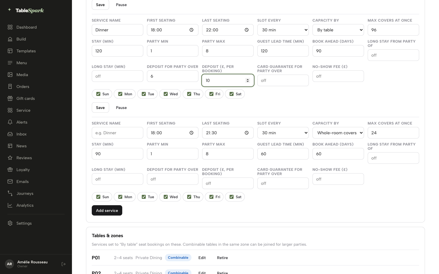 The Dinner row with a threshold of 6 and a deposit of 10 pounds filled in, and its Save button