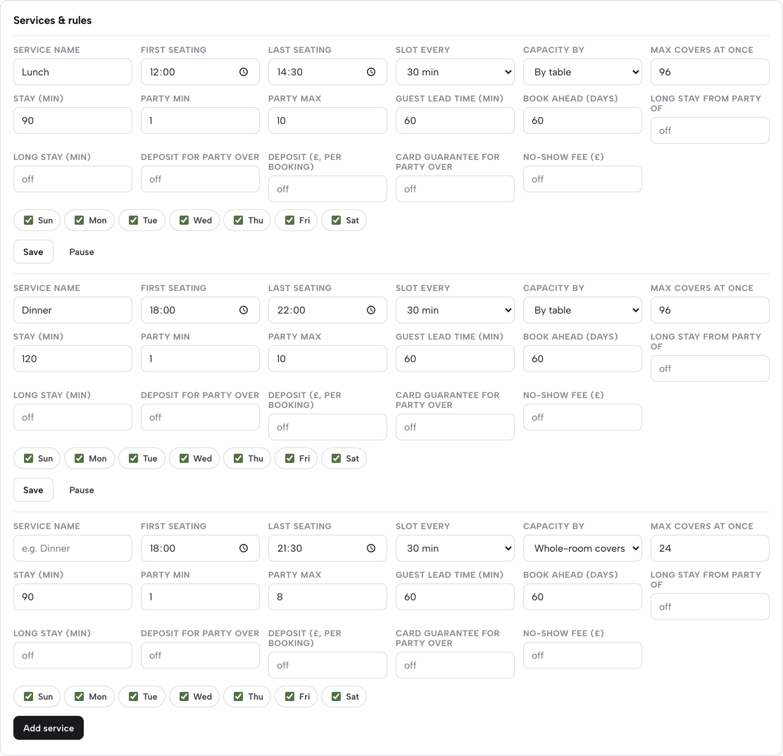 The Services and rules panel showing Lunch and Dinner services with seating windows, slot length, capacity, party size, lead time, book-ahead, long stay, deposit and card-guarantee fields