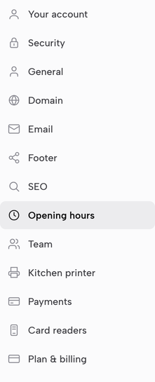 The Settings sidebar with Opening hours highlighted as the active section