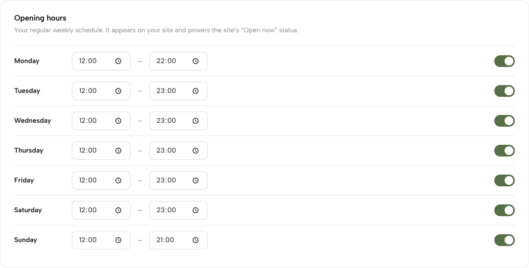 The weekly Opening hours card in Settings, showing a toggle and a From/To time pair for every day, Monday through Sunday