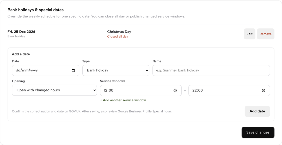 The Bank holidays and special dates card in Settings, with Christmas Day listed as closed all day above the Add a date form