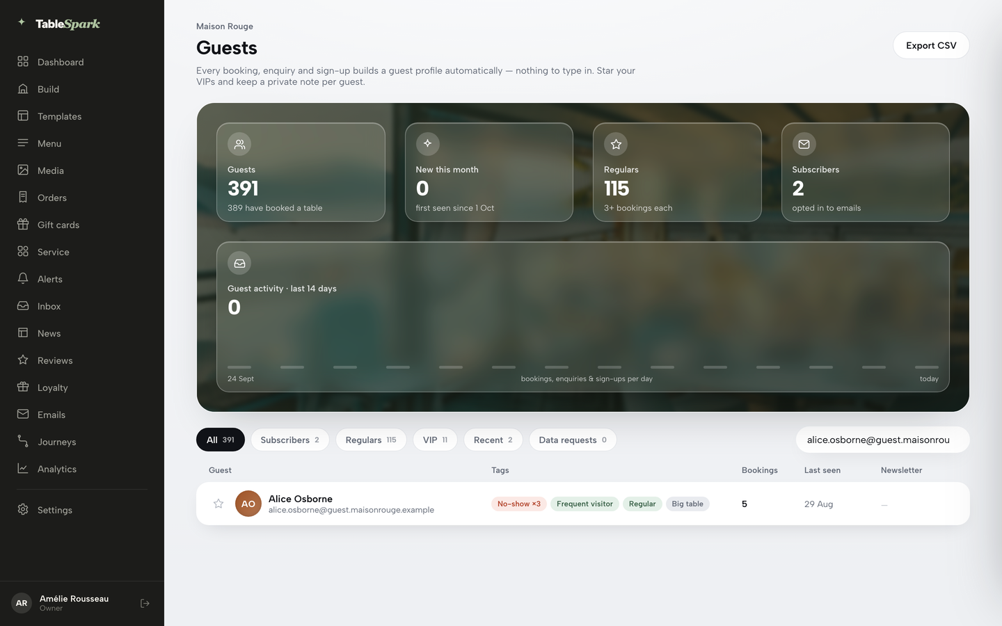 Practice screen: the Guests page filtered to Alice Osborne, one row with No-show, Frequent visitor, Regular and Big table tags