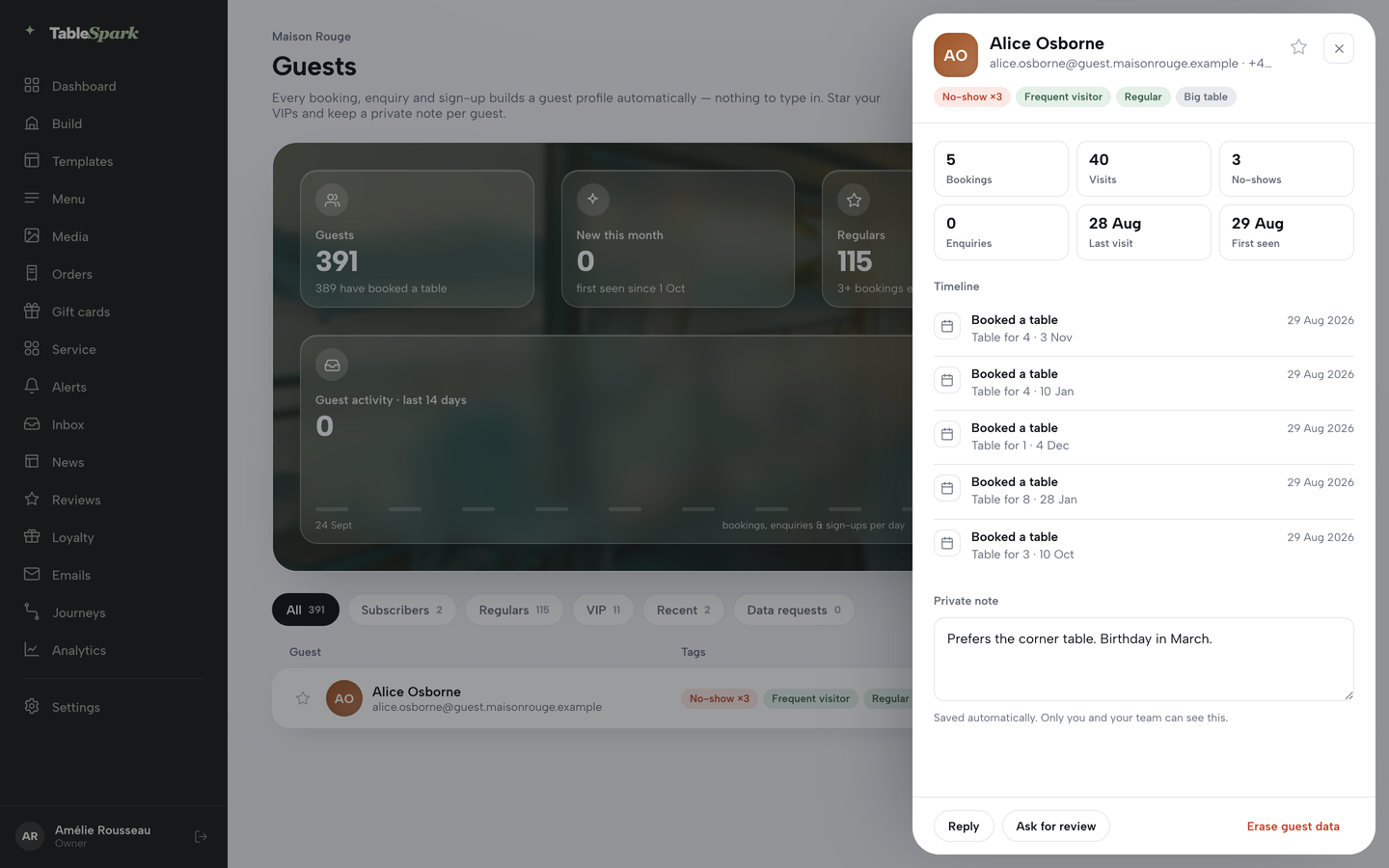 Practice screen: the drawer with a private note typed into the Private note box