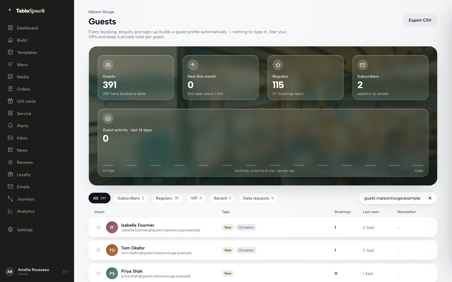Practice screen: the Guests list with the segment pills and search box above the guest table
