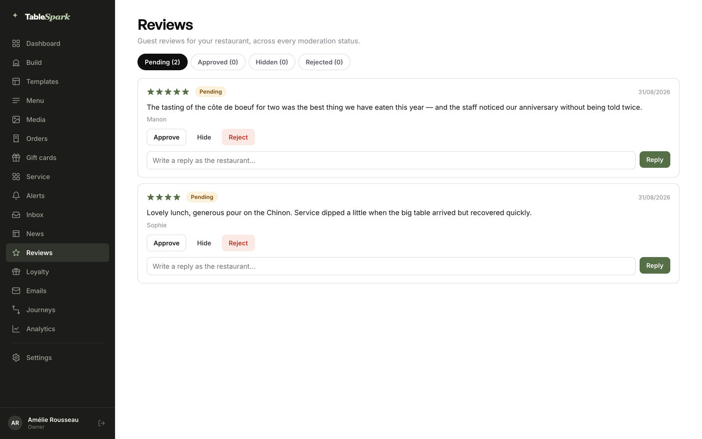 Practice screen: the Reviews page with the Loyalty link in the sidebar