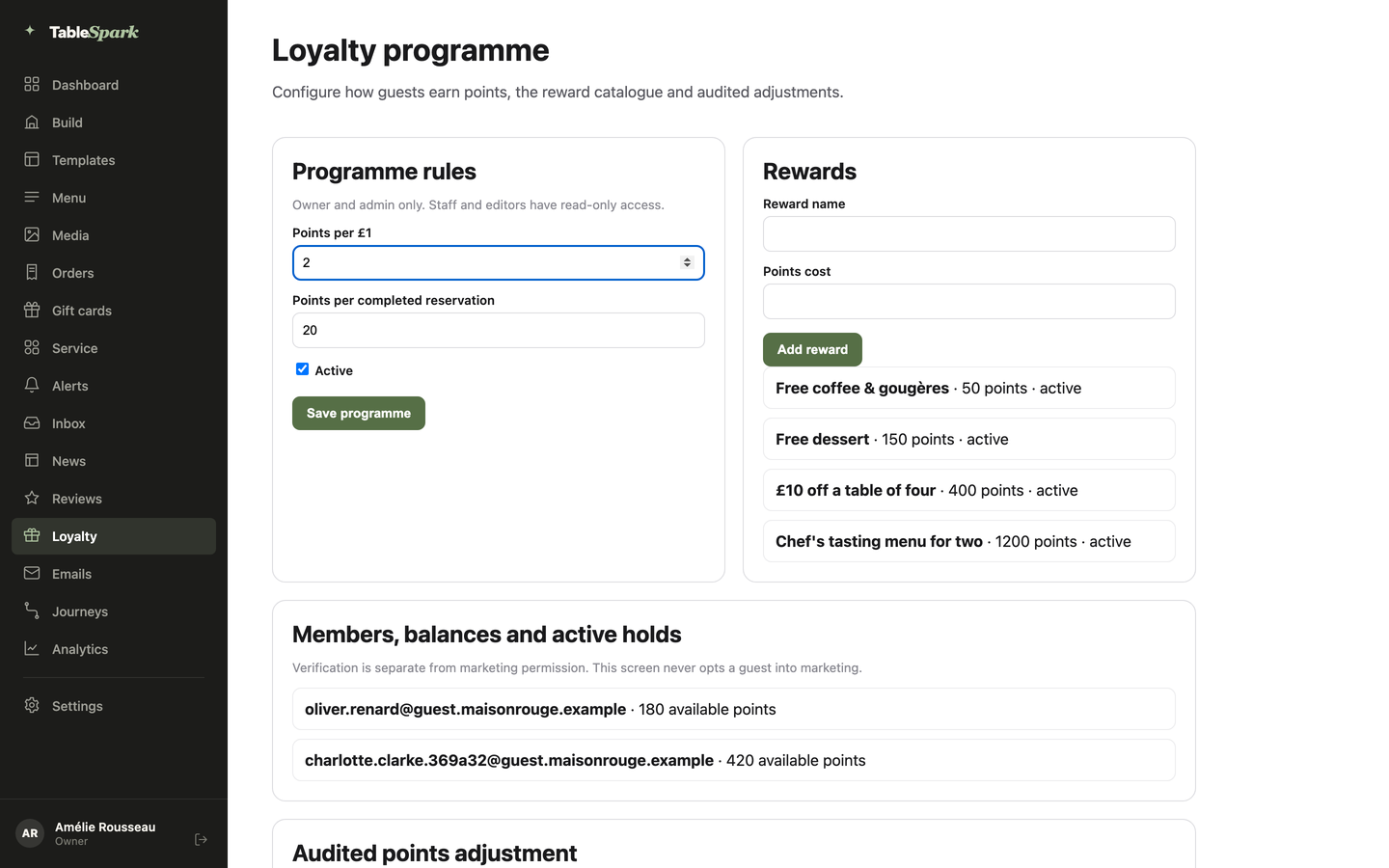 Practice screen: the Loyalty programme page with Points per pound changed in Programme rules and the Save programme button