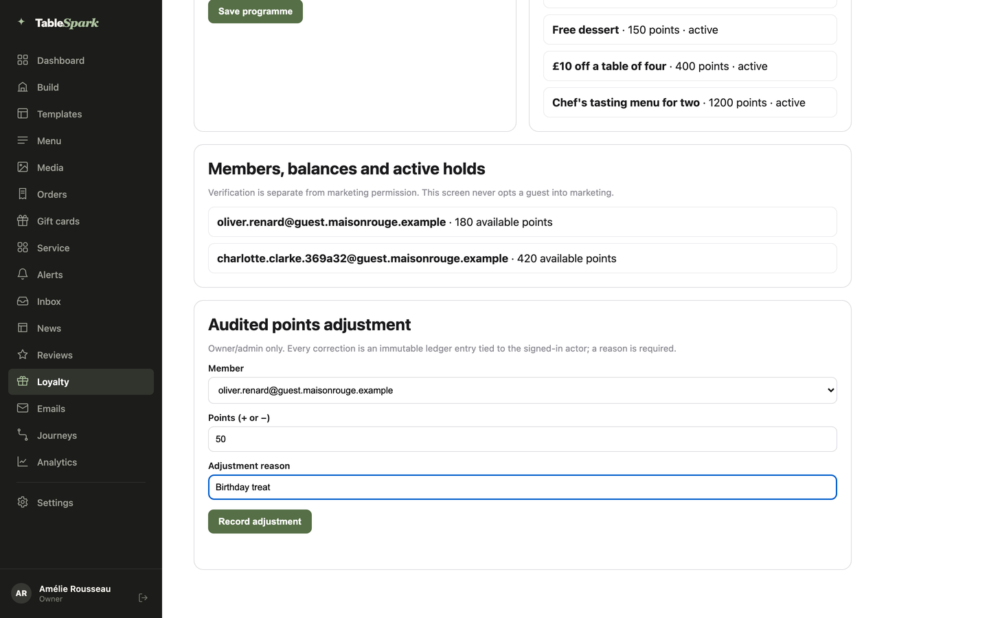 Practice screen: the Audited points adjustment form with 50 points and the reason Birthday treat filled in