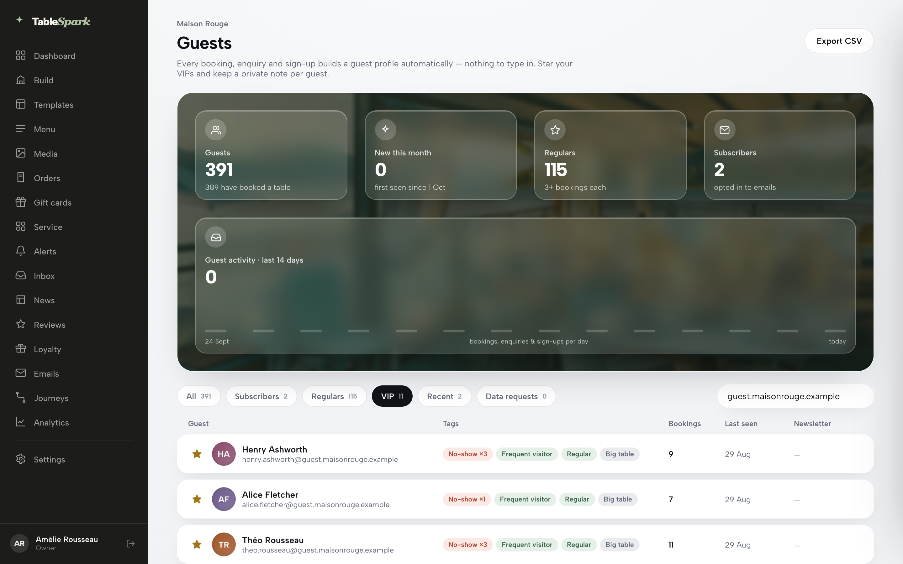 The Guests page filtered to the VIP segment: 11 VIPs, gold stars, and rows carrying No-show, Frequent visitor, Regular and Recent tags