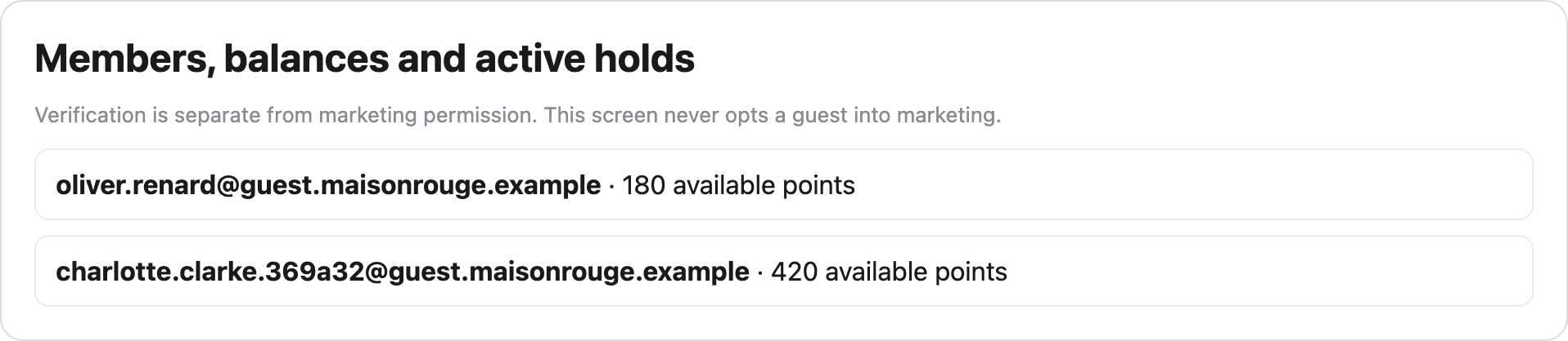 The Members, balances and active holds card on the Loyalty page, listing verified members with their available points balances, and the note that verification is separate from marketing permission