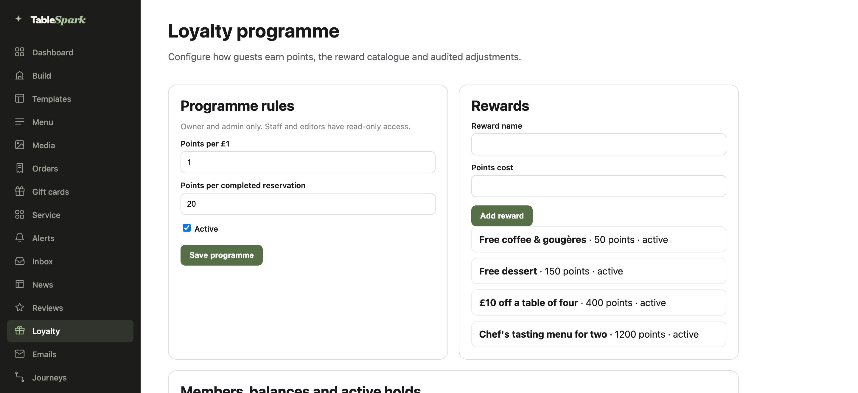 The Loyalty programme page: Programme rules card with Points per pound set to 1, Points per completed reservation set to 20 and Active ticked, beside the Rewards card with its fields and four rewards listed
