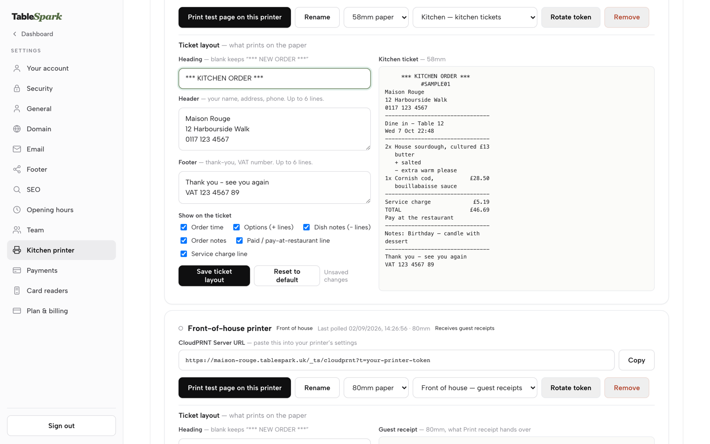 The ticket layout editor with the Heading changed to *** KITCHEN ORDER *** and the kitchen ticket preview updated to match