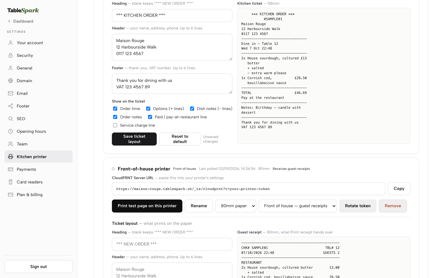 The Kitchen printer card scrolled to Save ticket layout and Reset to default, with Unsaved changes beside them