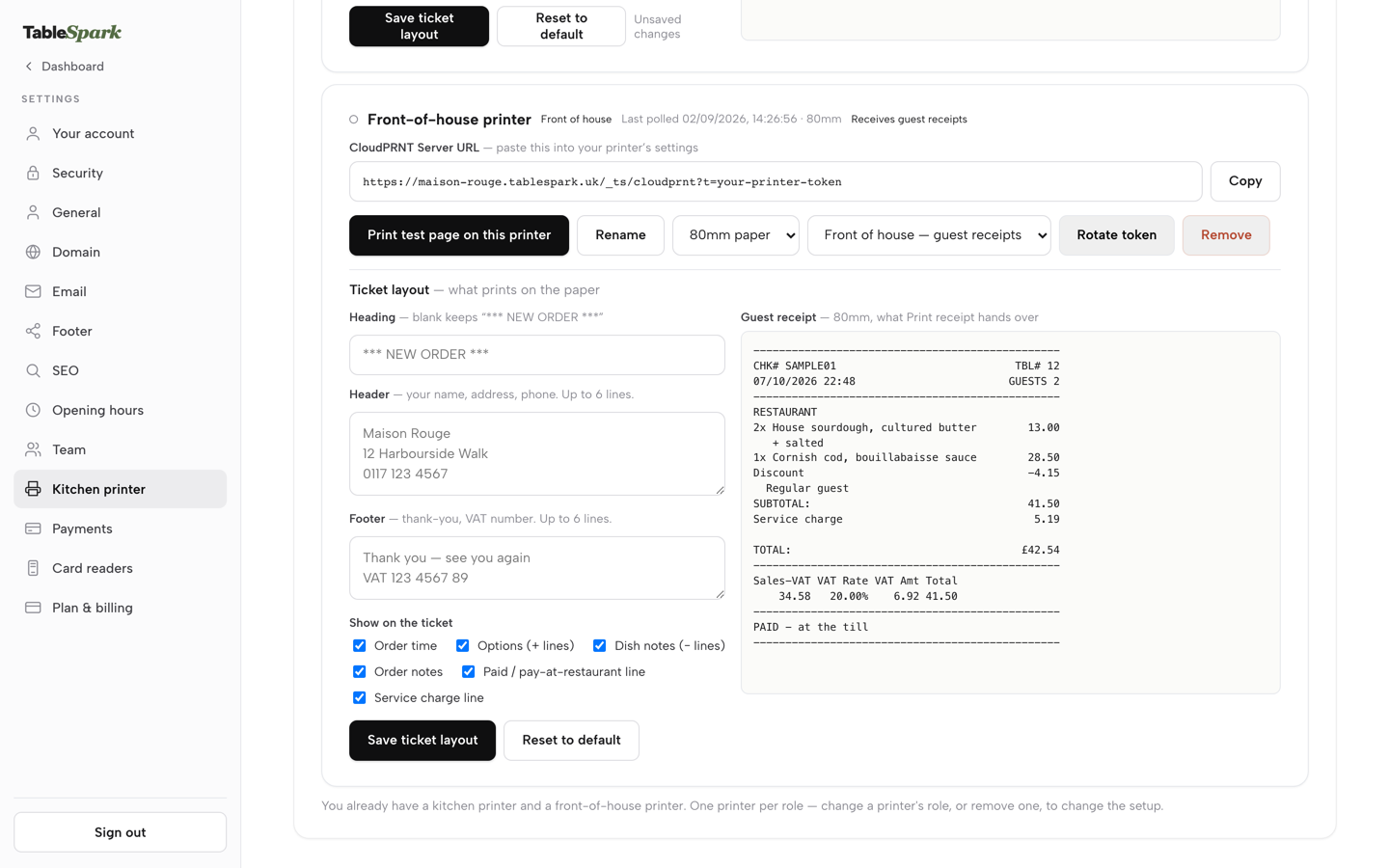 The Front-of-house printer card, role set to Front of house - guest receipts, with its own Server URL, ticket layout editor and Guest receipt preview