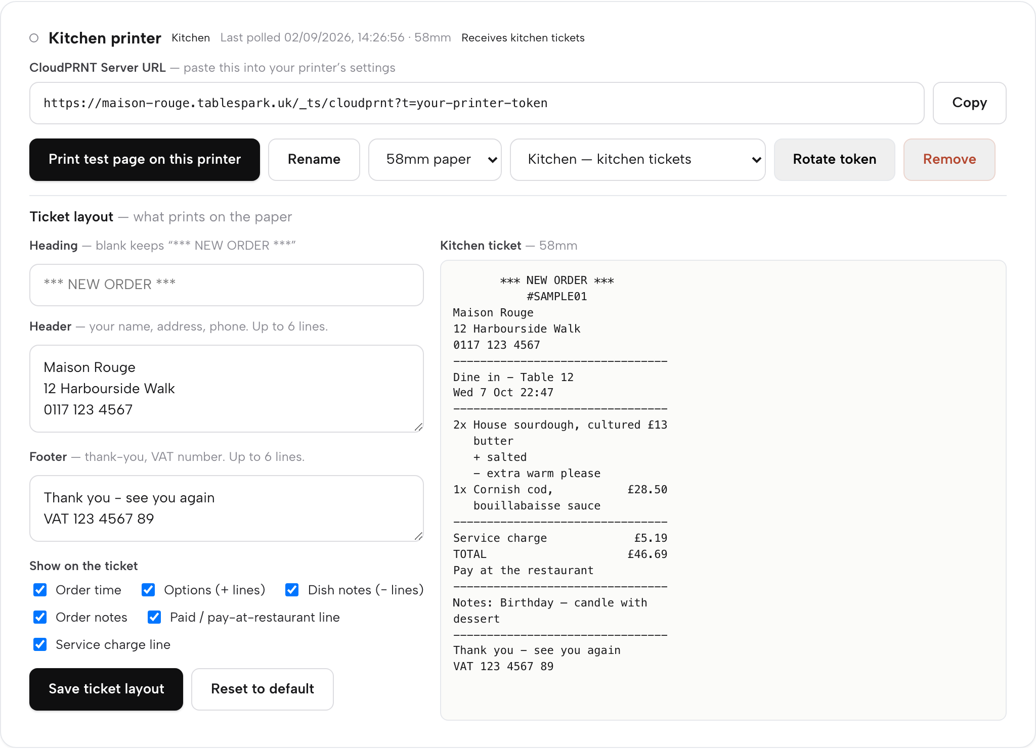 The Kitchen printer card: role set to Kitchen — kitchen tickets, last-polled time and 58mm paper width, the Server URL, Print test page, Rename, paper width and Rotate token controls, and the ticket layout editor with a live kitchen-ticket preview