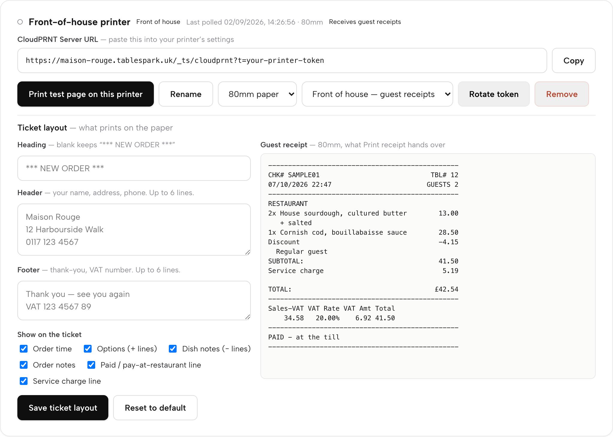 The Front-of-house printer card: role set to Front of house — guest receipts, the same Heading, Header, Footer fields and six toggles, and the Guest receipt preview pane
