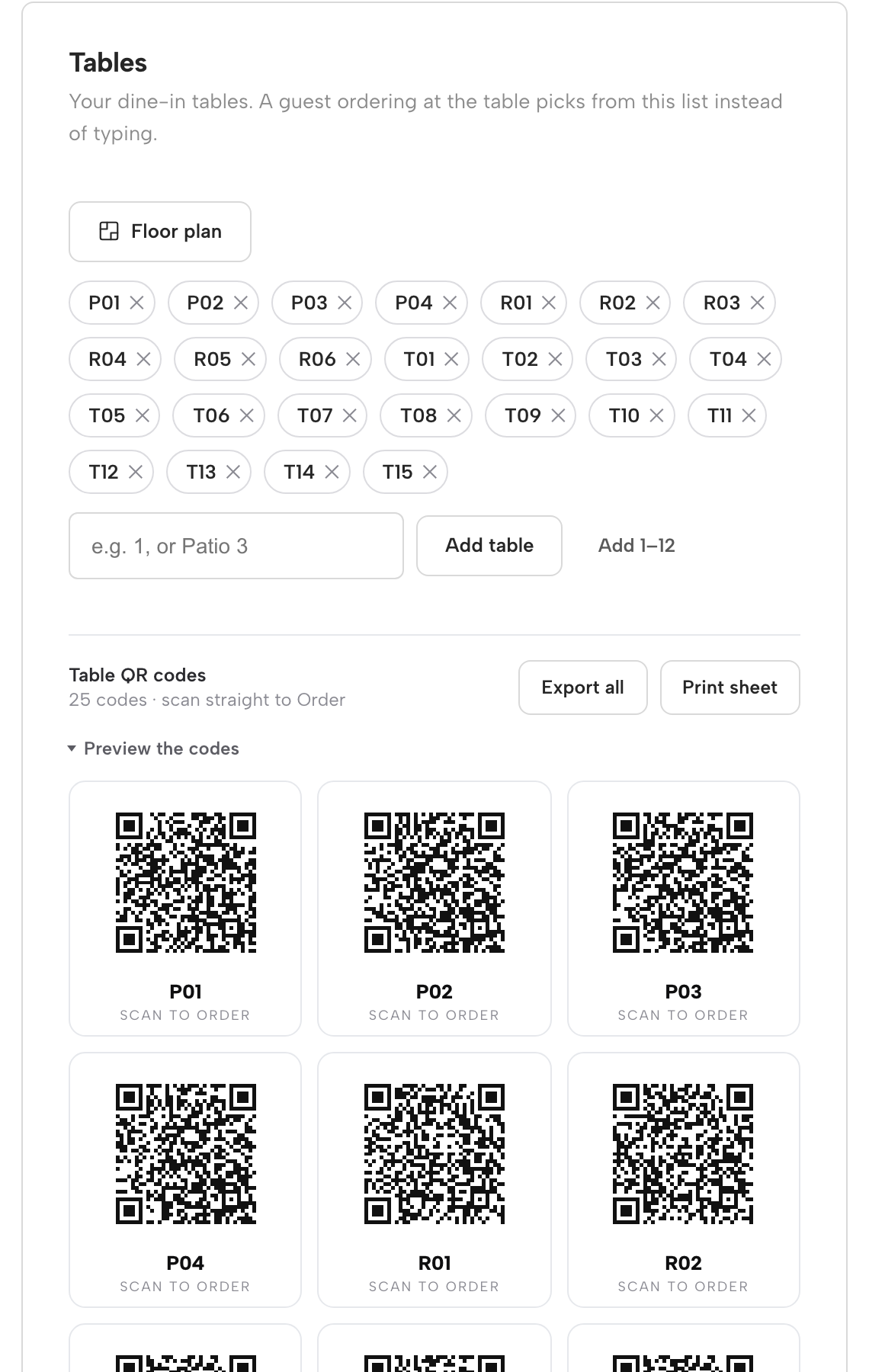 The Dashboard's Tables card: table chips, the Table QR codes block, and the expanded QR code grid after Preview the codes