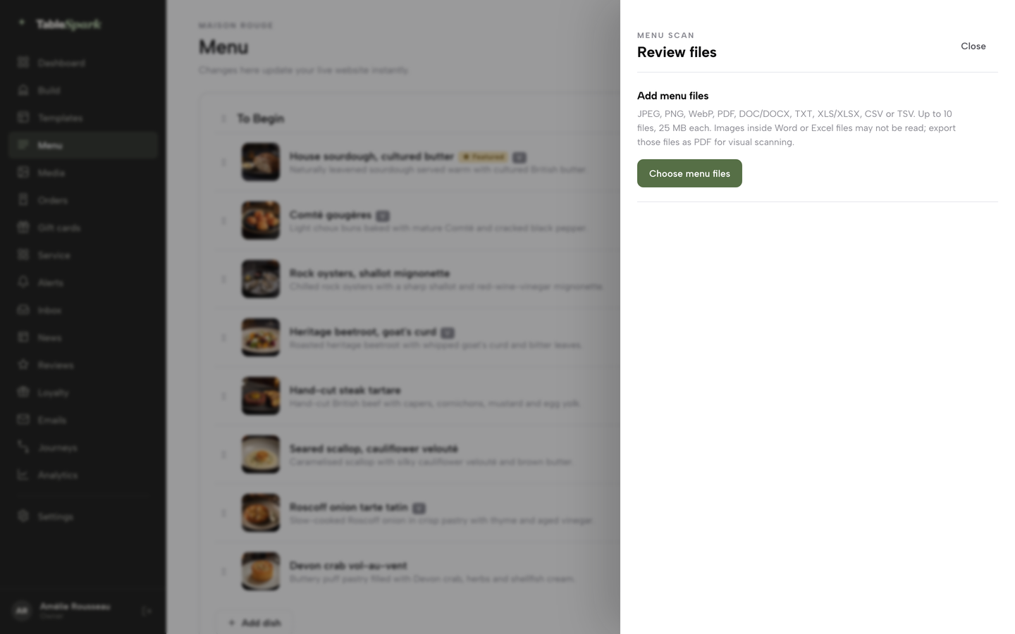 The Menu scan drawer open over the Menu page, with the Choose menu files button and the accepted file types