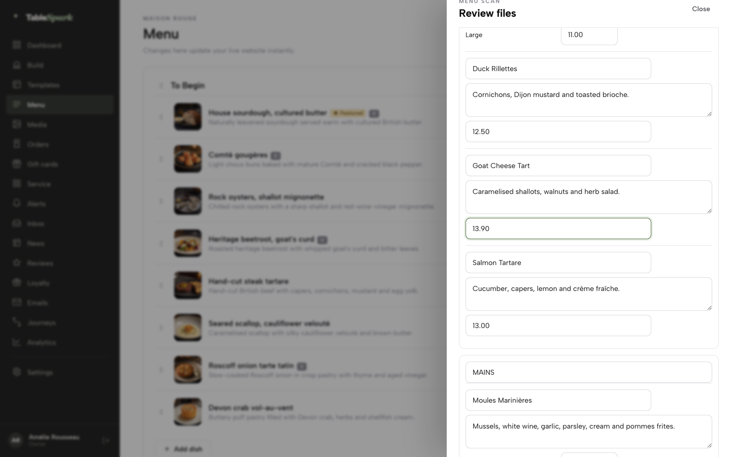 The scan review list with editable dish name, description and price fields, one price corrected to 13.90