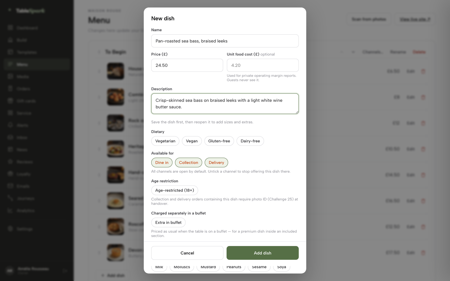 The New dish editor with the name, price and description filled in