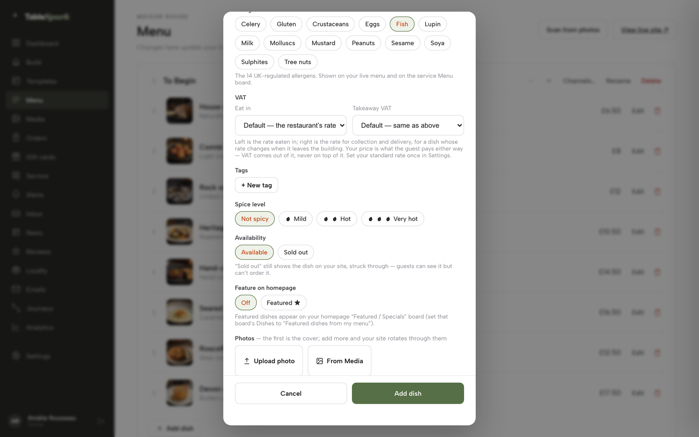 The dish editor scrolled to Photos, with the Upload photo and From Media buttons
