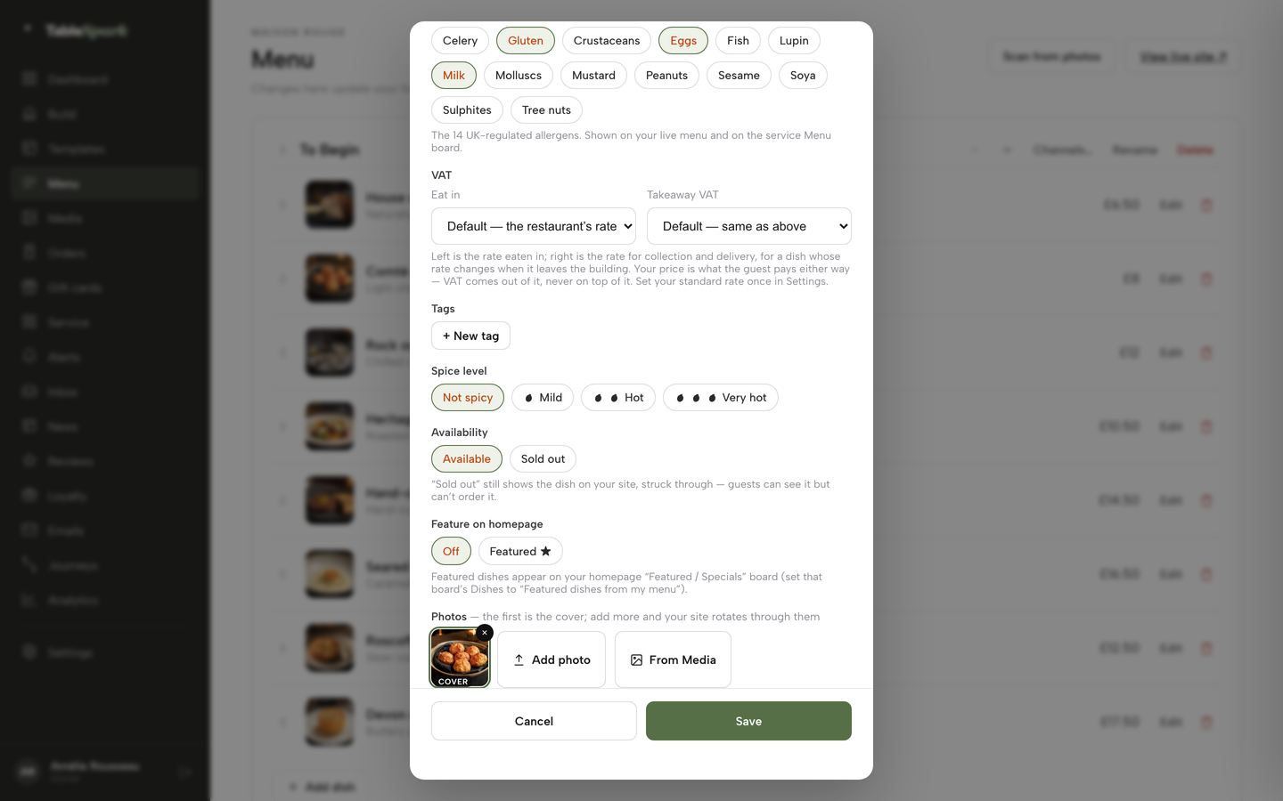 The Edit dish editor scrolled to Availability, with the Sold out chip