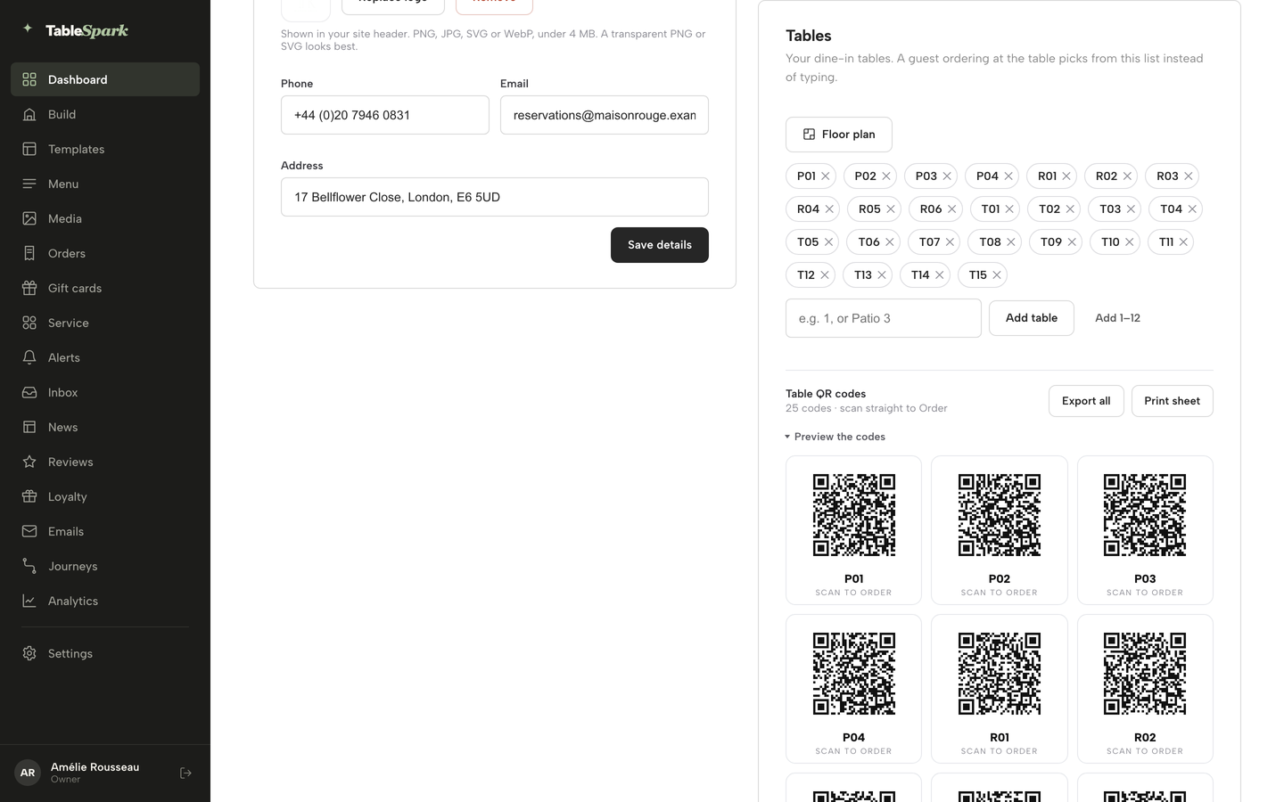 The Dashboard Tables card with the Table QR codes block expanded and the Export all and Print sheet buttons