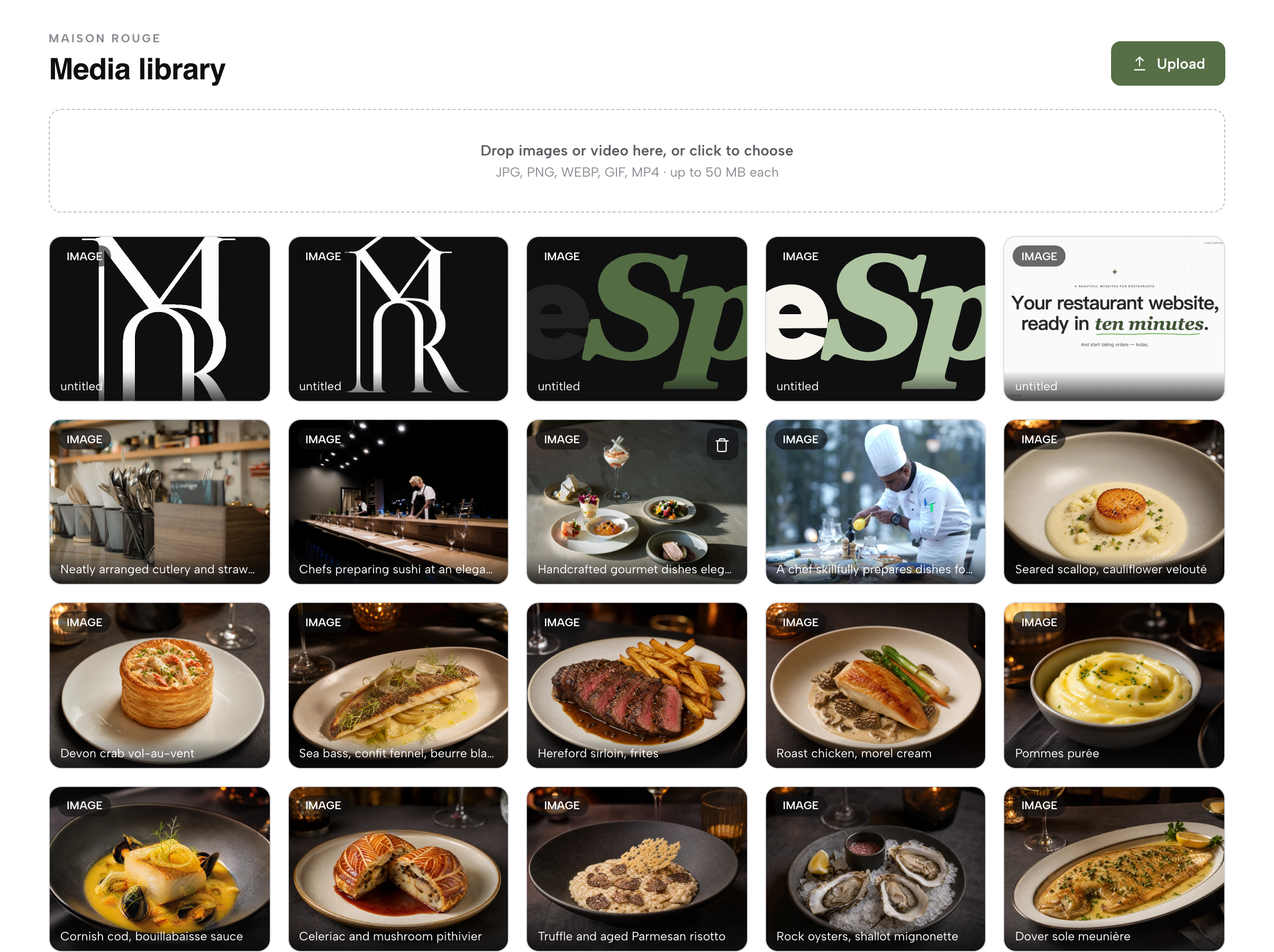 The Media library: the drop zone with accepted file types, the Upload button, and a grid of photos with captions and a Delete action per tile