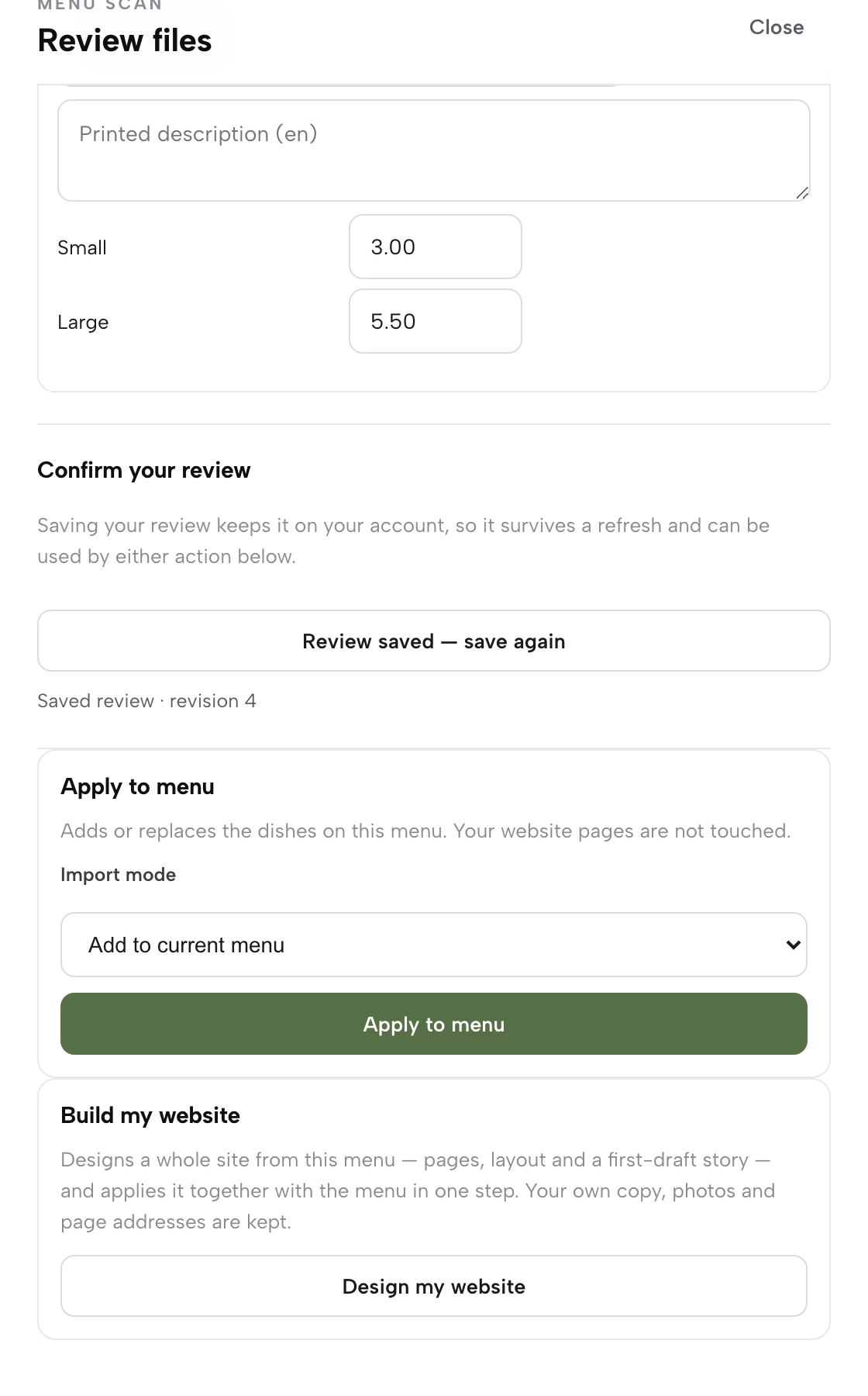 The saved review above the two action cards: Apply to menu with its import mode select, and Build my website with its Design my website button