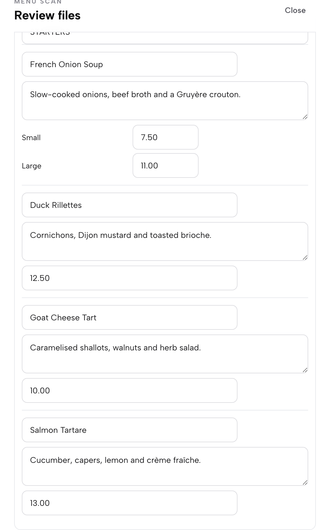The scan review: sections and dishes as editable fields, with name, printed description and price for each dish and a price per size where a dish has sizes