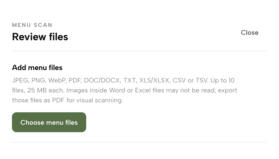 The Menu scan drawer's Review files step: accepted file types and sizes, and the Choose menu files button