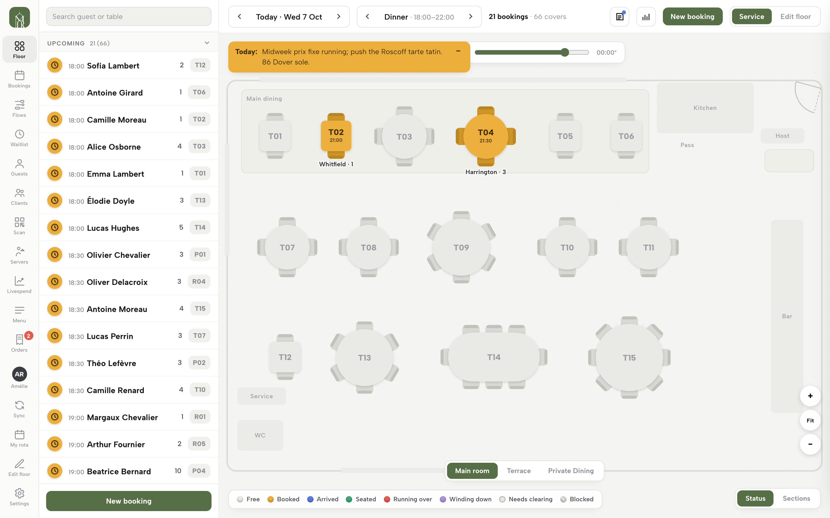The live Service floor for a dinner: date and service steppers, the booking queue on the left, tables coloured by status, and a day note banner across the top