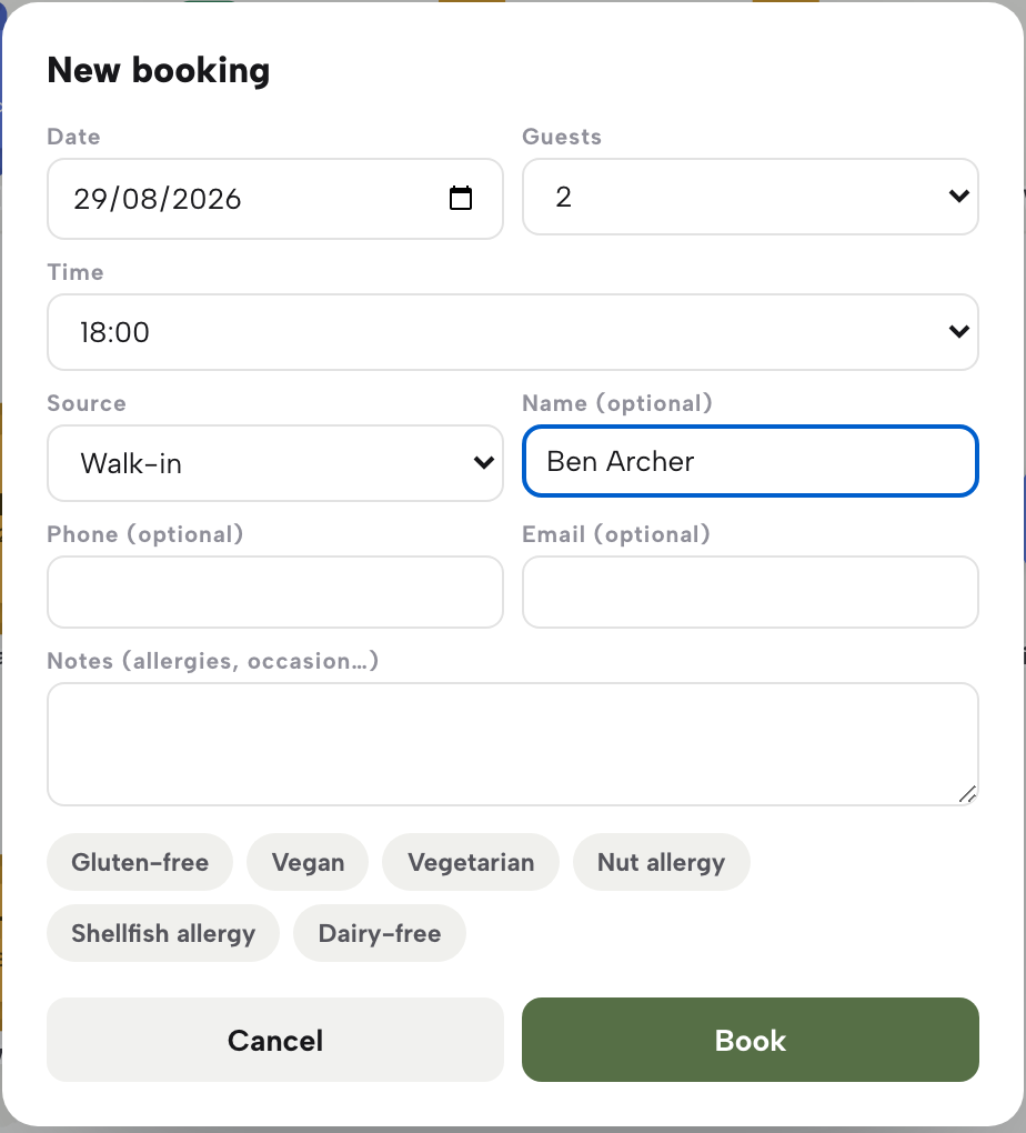 The New booking form set to Walk-in with a name typed, guests set to 2, optional phone, email and notes fields and the Book button