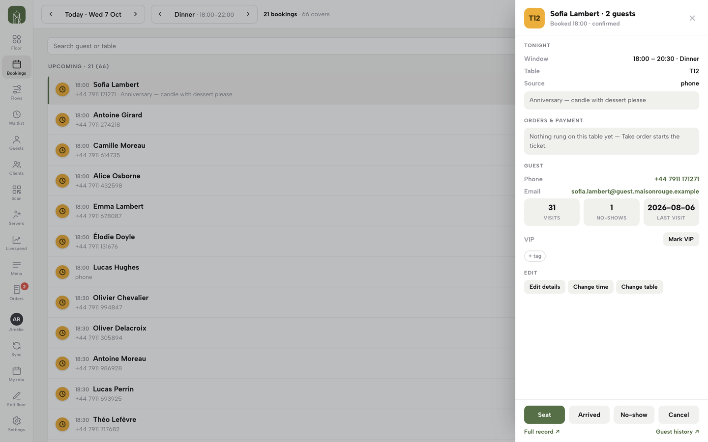 A booking sheet open beside the Service bookings list, with Edit details, Change time and Change table, and Seat, Arrived, No-show and Cancel at the foot