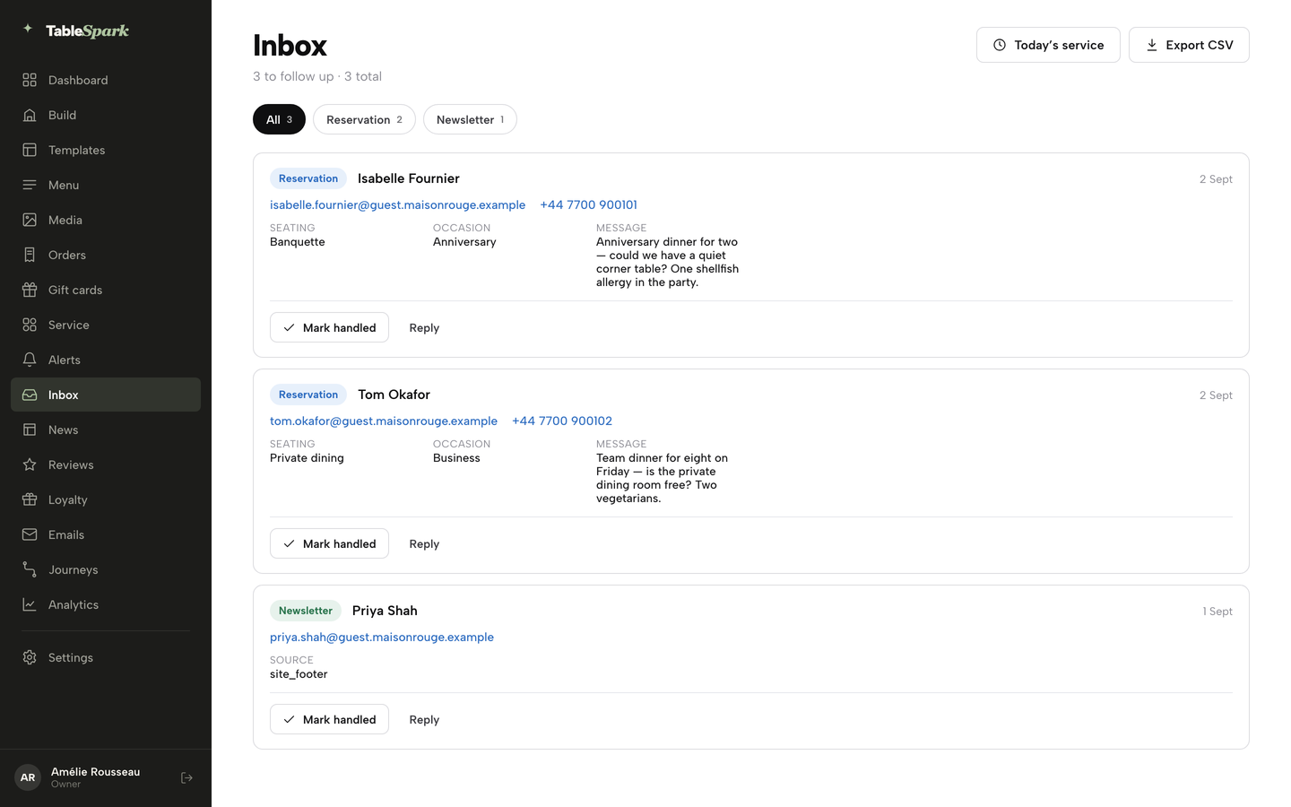 The Inbox page with Service in the left sidebar