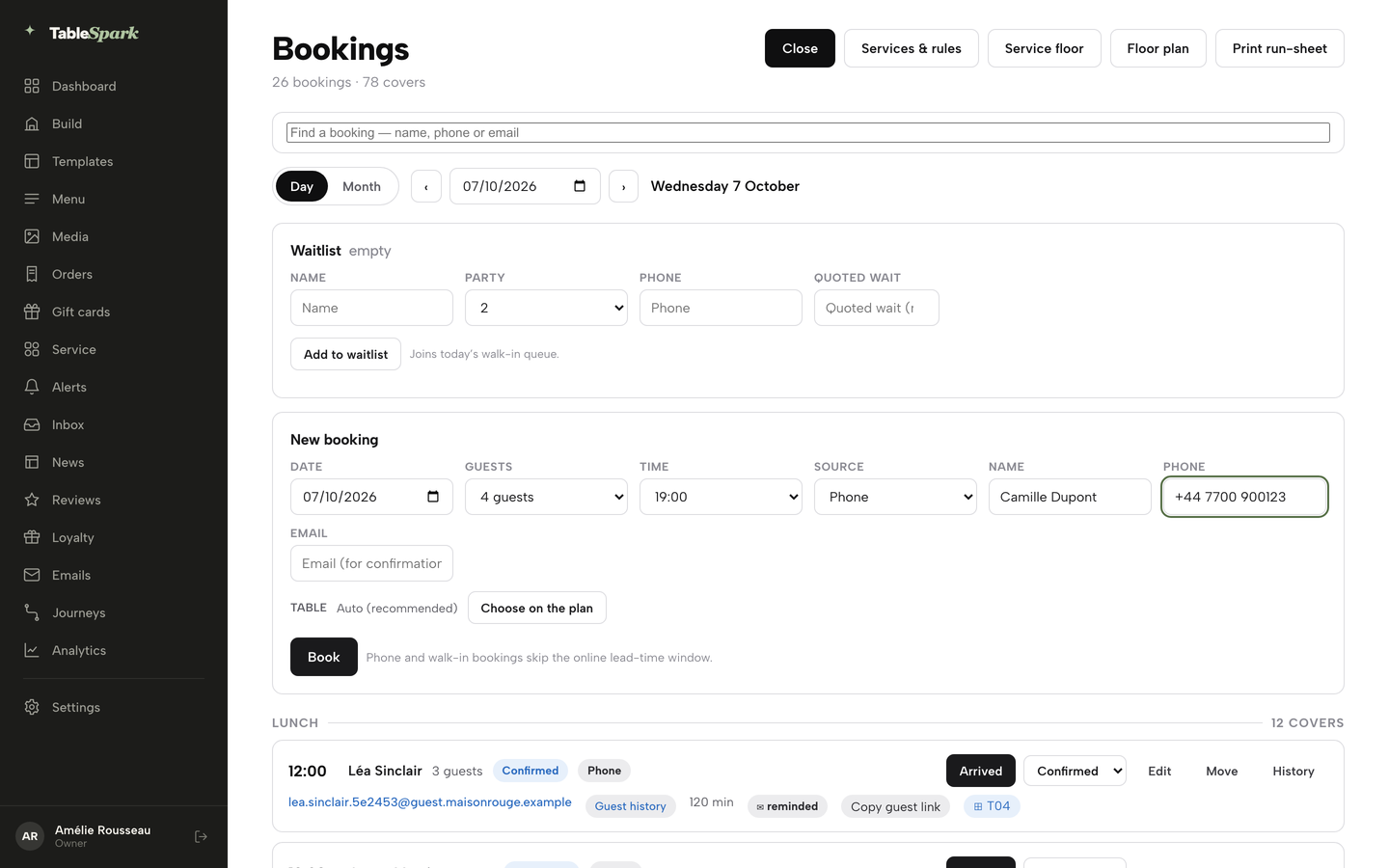 The New booking form filled in for Camille Dupont, party of 4 at 19:00, with the Choose on the plan button