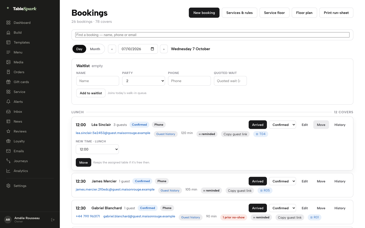 A booking row with the Move form open: a new-time list and a Move button