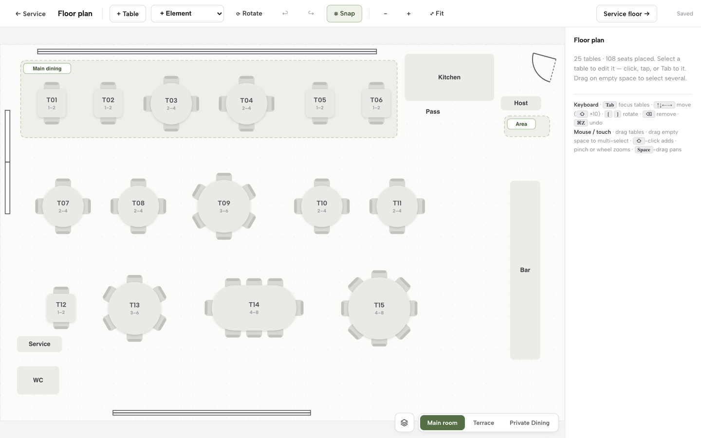 The floor plan editor, tables laid out around the kitchen, pass, bar and host stand