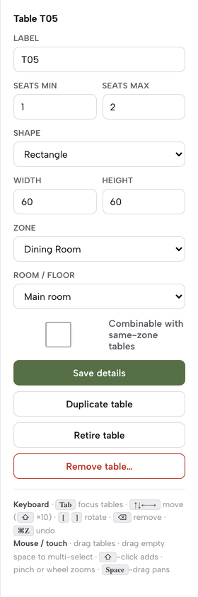 The Floor plan details panel for table T05: Label, Seats min and max, Shape, Width and Height, Zone, Room / floor, a combinable tick box, and the Save details, Duplicate table, Retire table and Remove table buttons