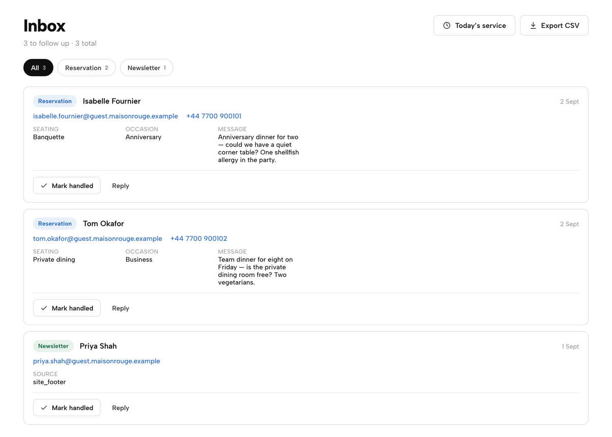 The Inbox with two reservation enquiries showing seating, occasion and message fields, and a newsletter sign-up, each with Mark handled and Reply buttons