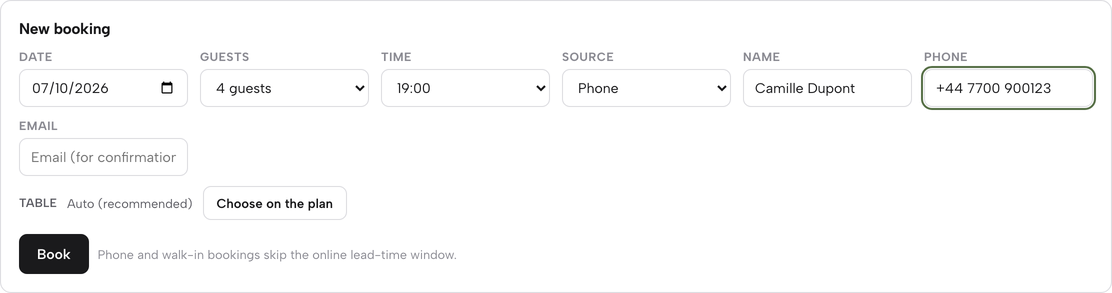 The New booking form filled in: Date, Guests, Time, Source, Name and Phone, an Email field, a TABLE row set to Auto (recommended) with a Choose on the plan button, and a Book button