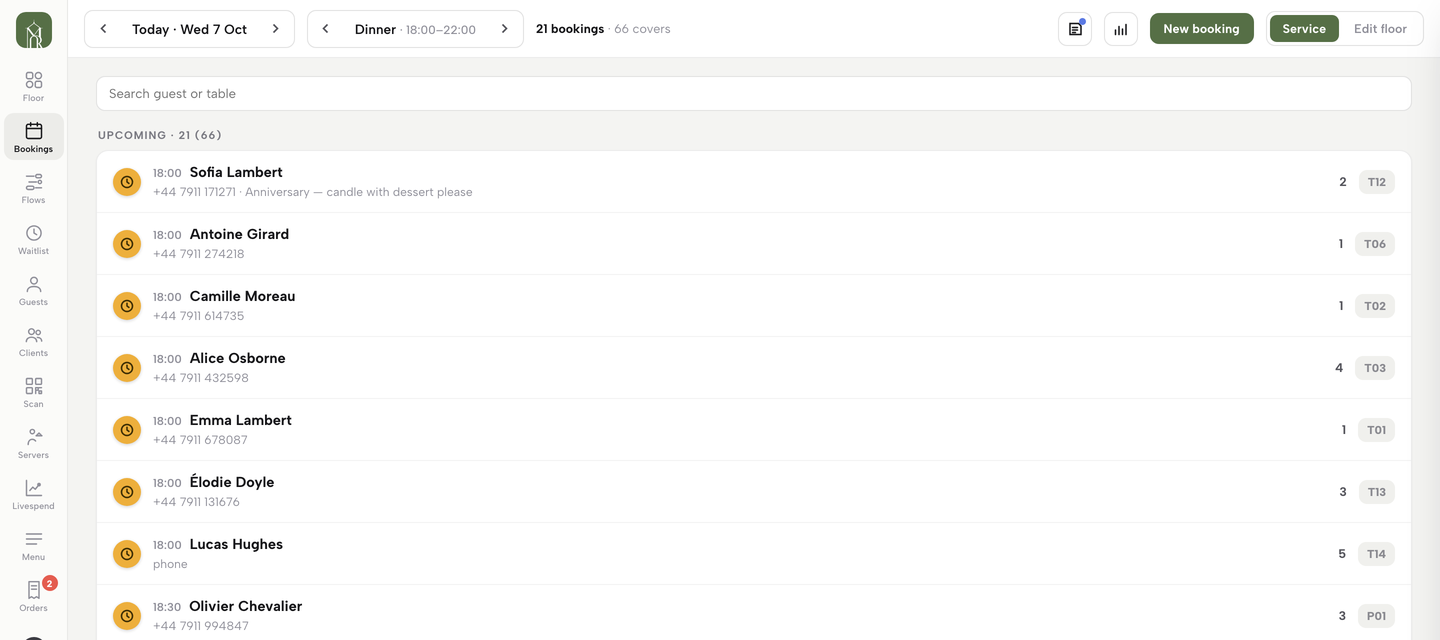 The Service console on its Bookings tab: date and service pickers, a New booking button, a search box and tonight's bookings listed by time and table