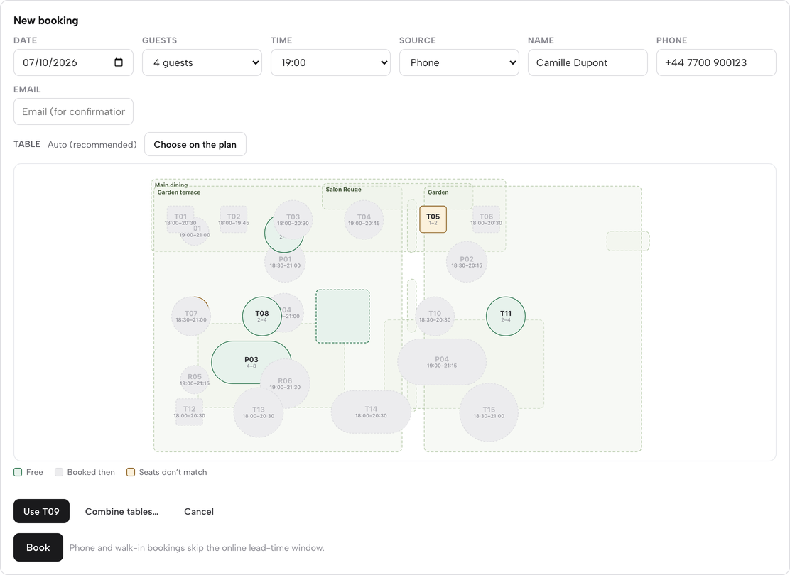 The table picker below the New booking form: a mini floor plan with tables coloured free (green), booked then (grey, with their times) and seats don't match (amber), a legend, and Use T09, Combine tables and Cancel buttons