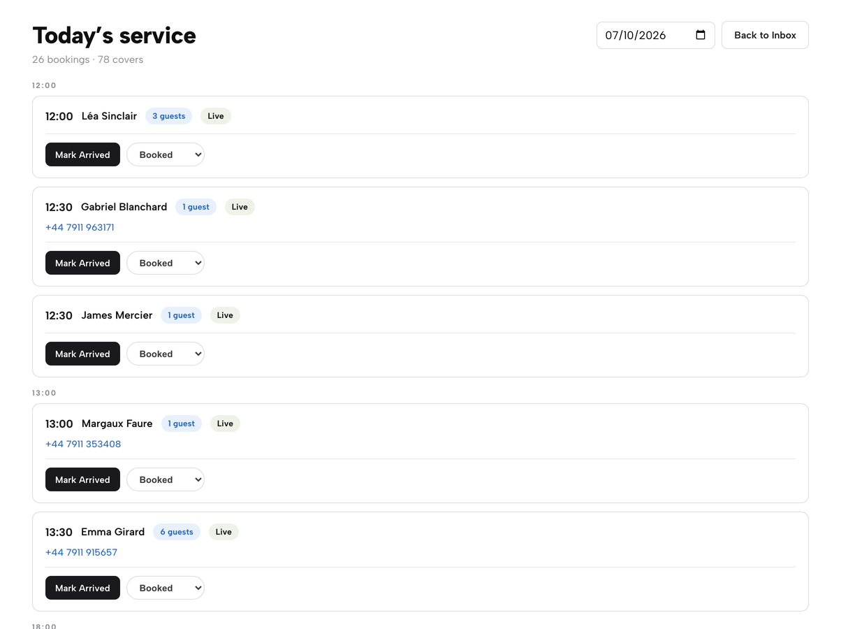 Today's service board reached from the Inbox: a date field, a Back to Inbox button, and the day&rsquo;s bookings grouped by hour with a Live badge, a Mark Arrived button and a status list on each