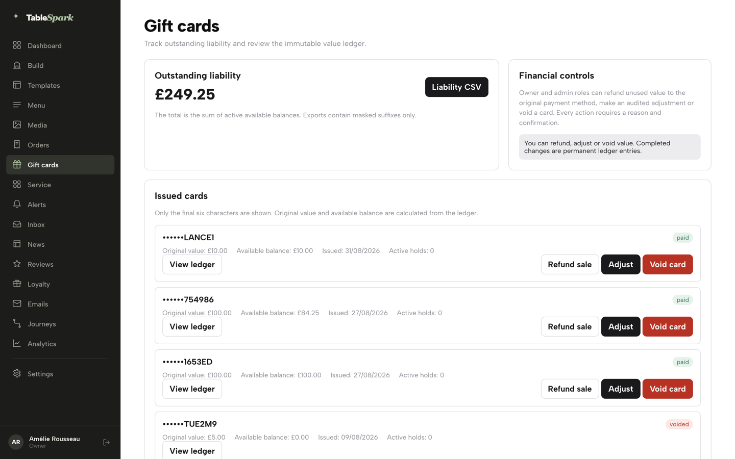 The Gift cards page: outstanding liability, the Financial controls note and the Liability CSV button