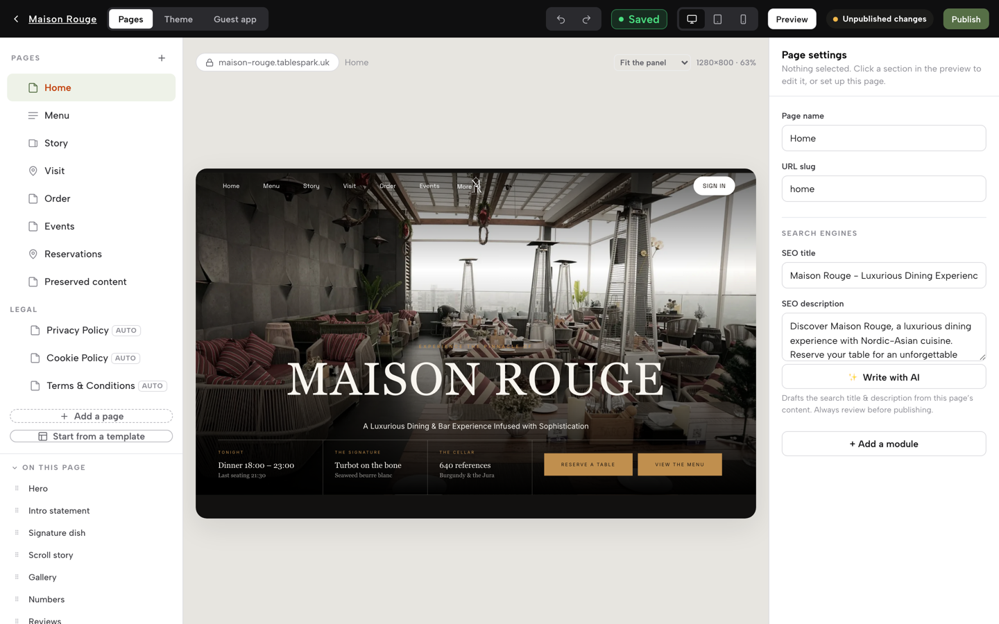 The Builder's Pages tab on the Home page, with the + Add a module button in the settings panel