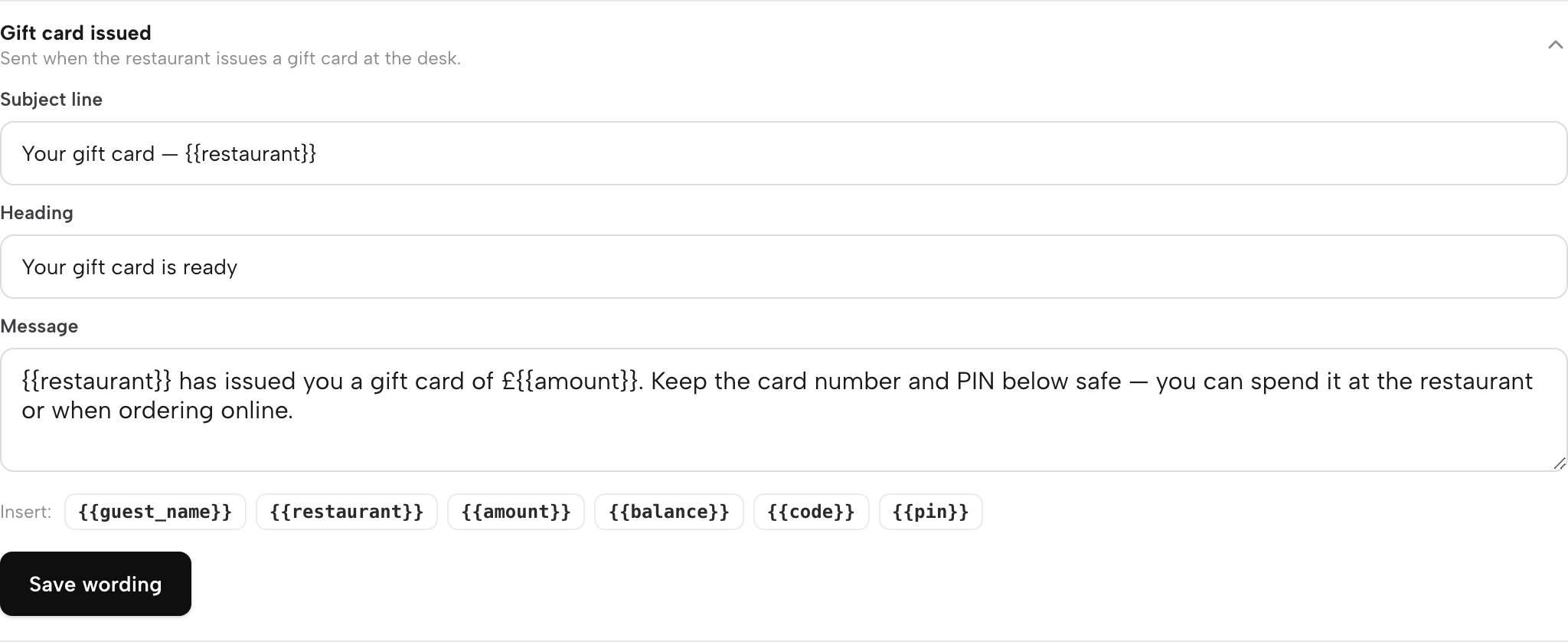 The Gift card issued email opened in Settings, Email: subject line, heading, message and the tags to insert