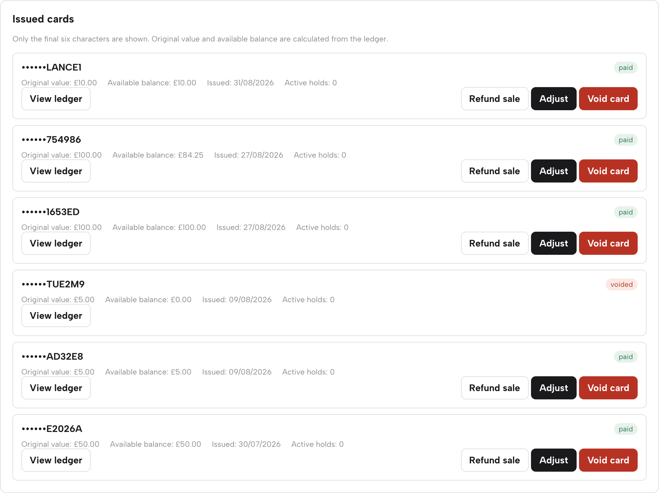 Issued card rows with their Refund sale, Adjust and Void card actions and paid or voided status pills